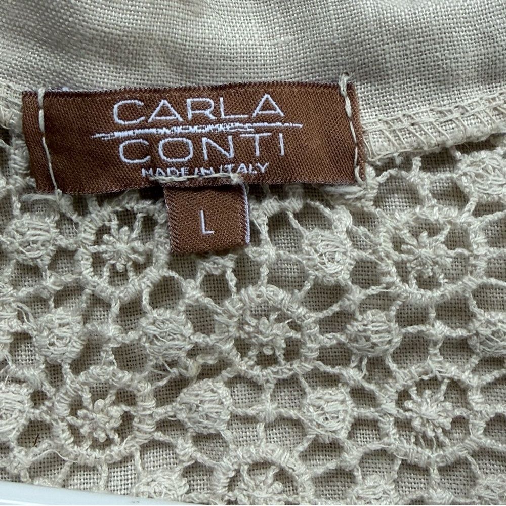 Sleeveless Top embroidered beige Pearl Buttons made in Italy 100% Linen Large - Picture 6 of 7
